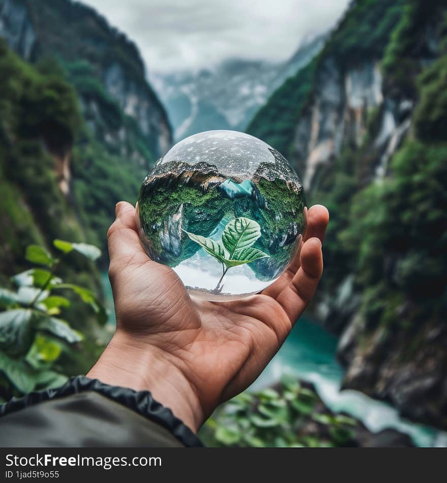 Man& X27 S Hands Hold A Small Blue World Against A Background Of Green Nature. Care Of The Environment, Ecology Concept