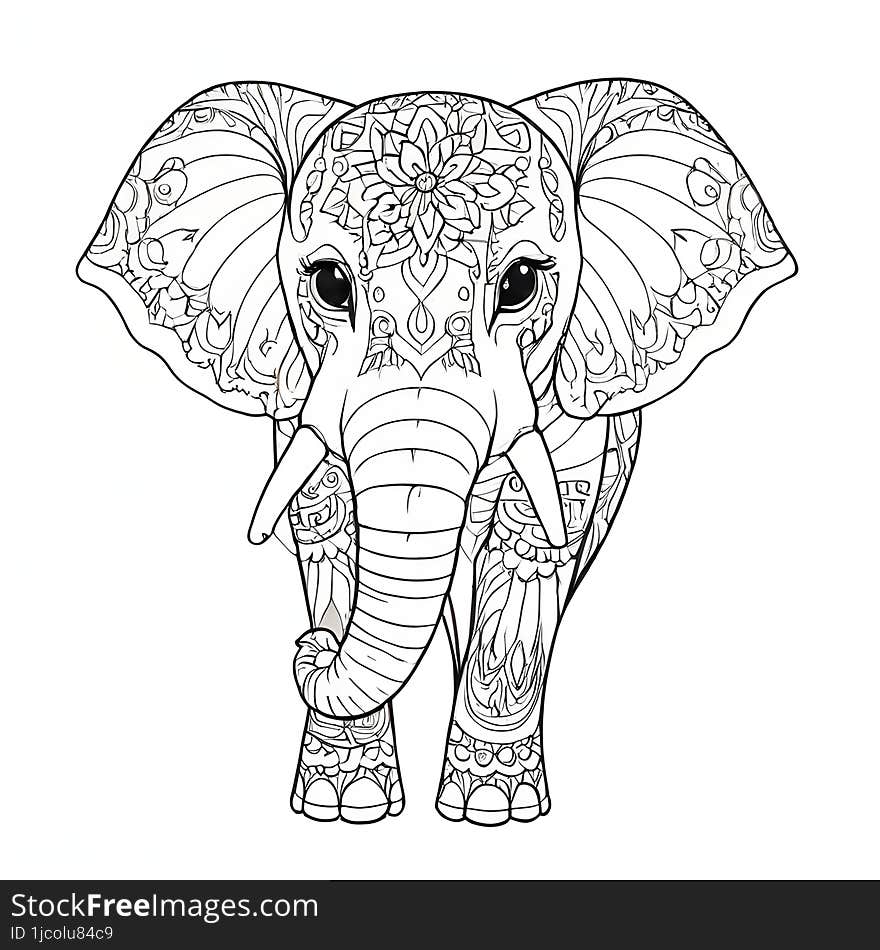 A detailed black and white illustration capturing the grace of an elephant adorned with intricate designs.