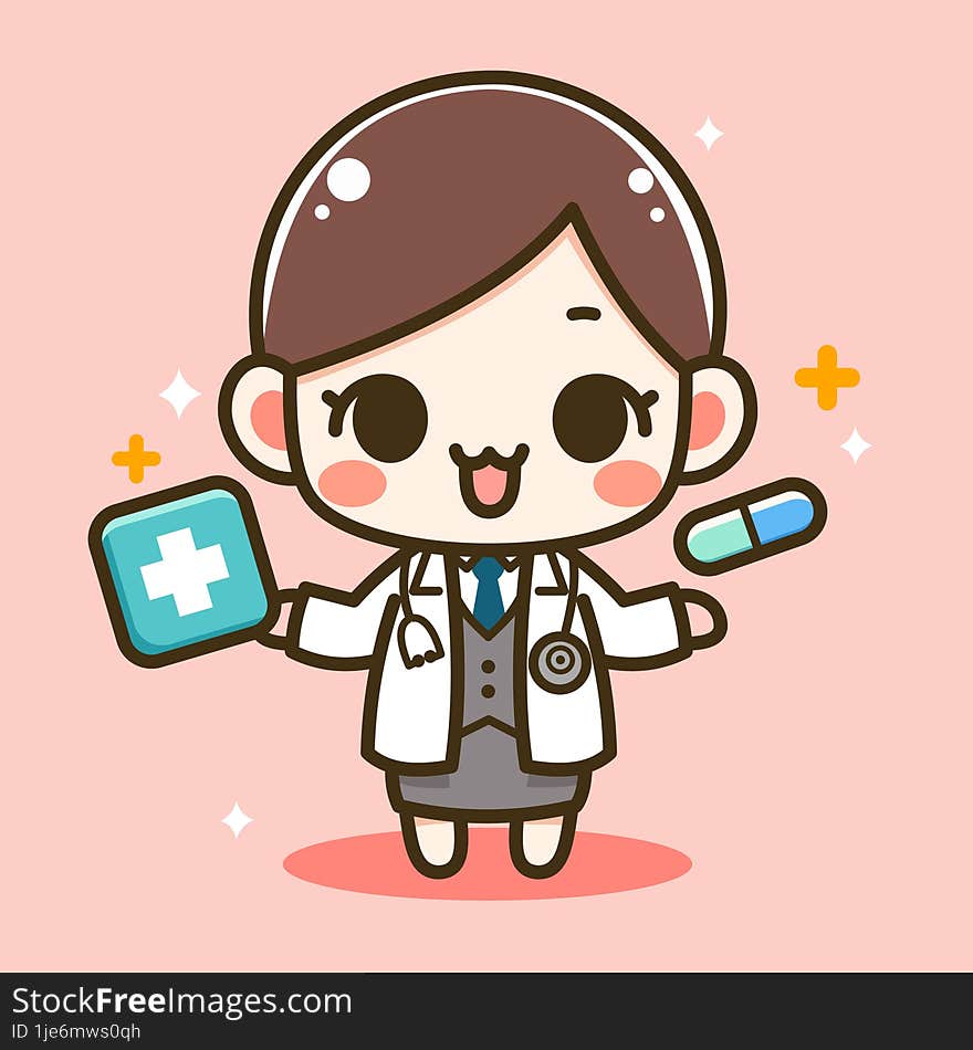 Cute Doctor Girl Holding Medicine Box Kawaii Cartoon