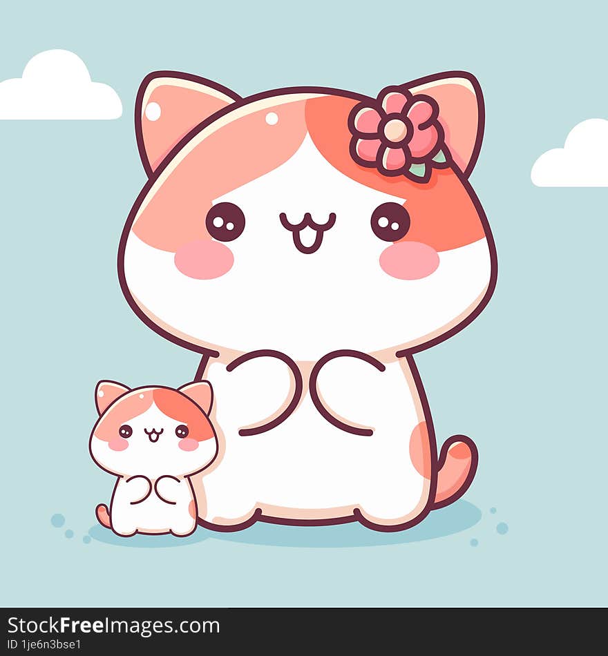 Cute Mother Cat And Her Kittens Kawaii Cartoon