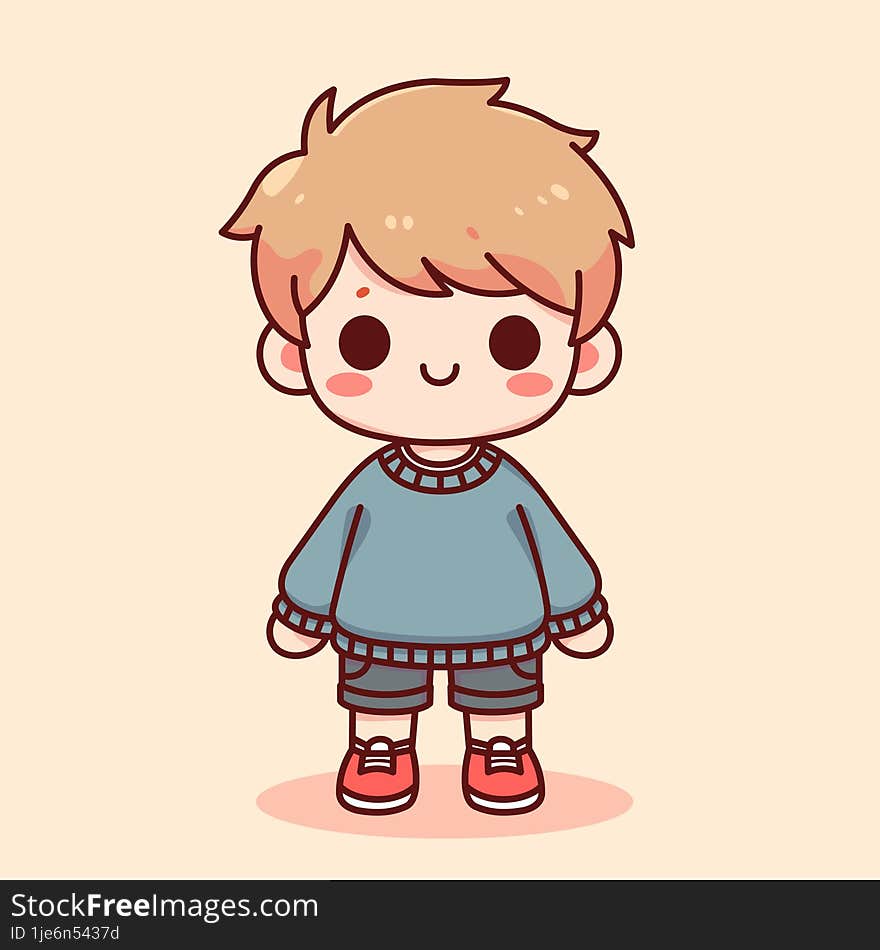 cute boy wearing blue Sweater and red shoes kawaii cartoon