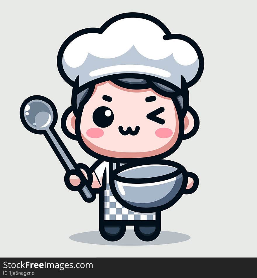 cute chef boy holding frying pan and spatula kawaii cartoon