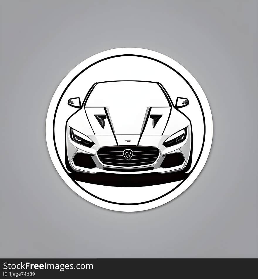 This image shows a stylized black and white illustration of a car encased within a circular border, highlighting the vehicle�s sleek design and aggressive front fascia.