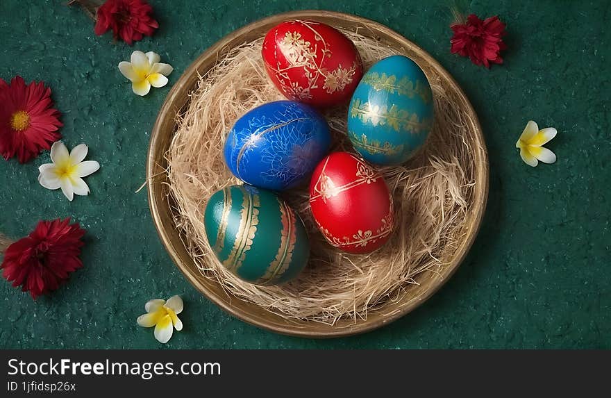 Easter eggs in a basket on a green background, symbolizing the joy and tradition of Easter festivities.