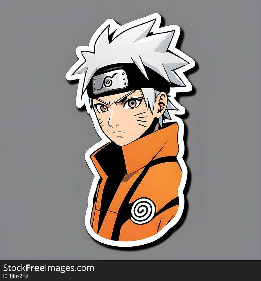 This sticker features a popular anime character with spiky white hair and an orange outfit. The character�s face is intentionally