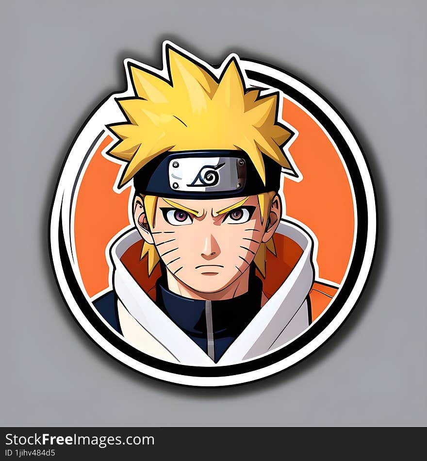 This vibrant sticker features an anime character with spiky yellow hair and a headband with a metal plate. The character, dressed