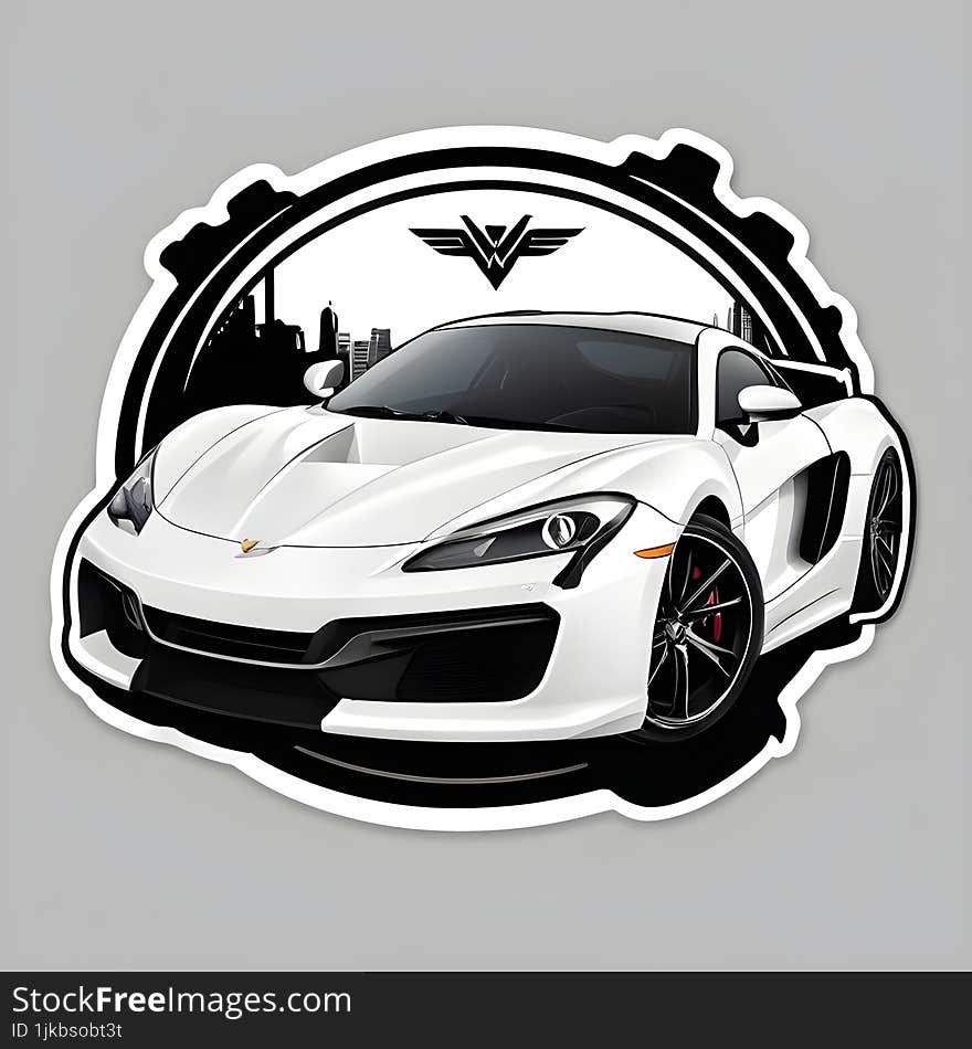 A Sleek Sticker Featuring A White Luxury Car With A Cityscape And Logo In The Background, Encapsulated Within An Intricate Black A