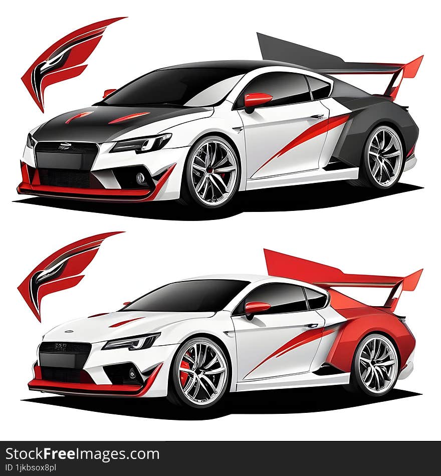 Two illustrations of a sleek, modern racing car adorned with red and black accents that highlight its dynamic and aggressive desig