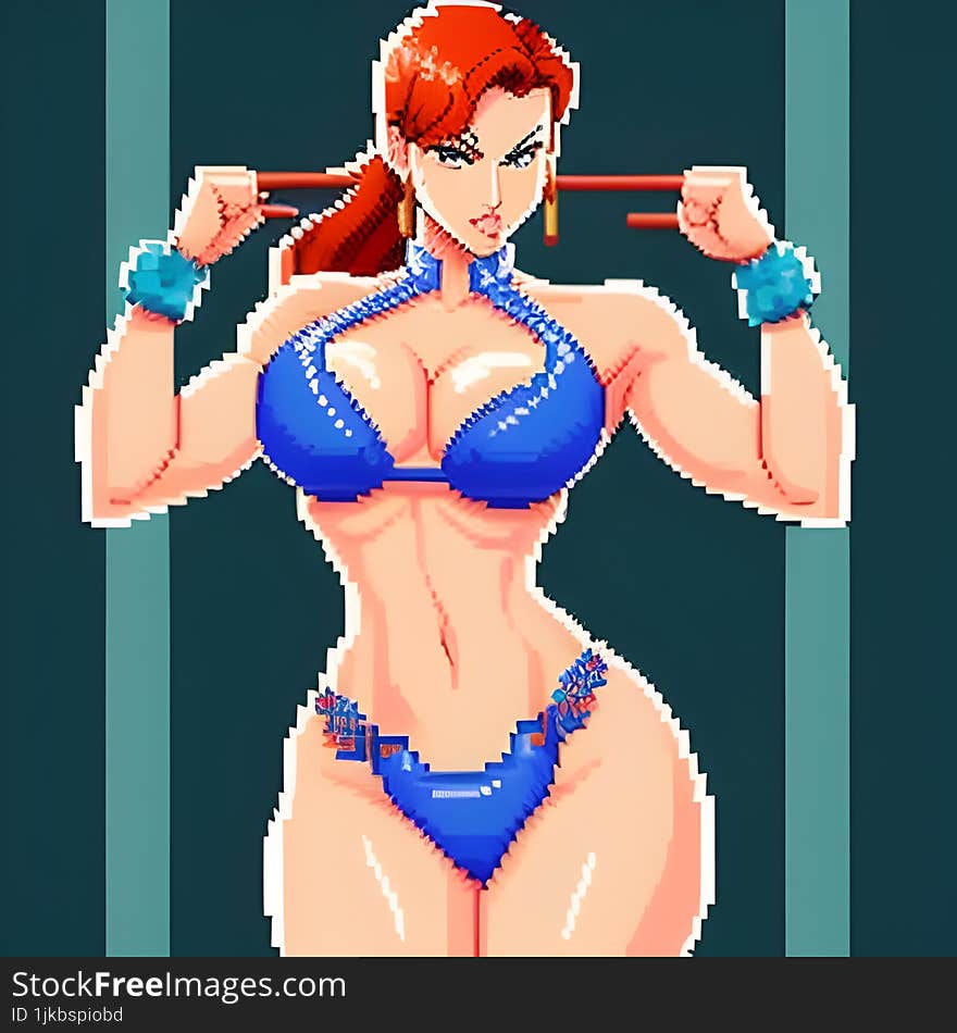 A pixel art image of a character with red hair, wearing blue accessories, and holding two rods. The character�s face is obscured b