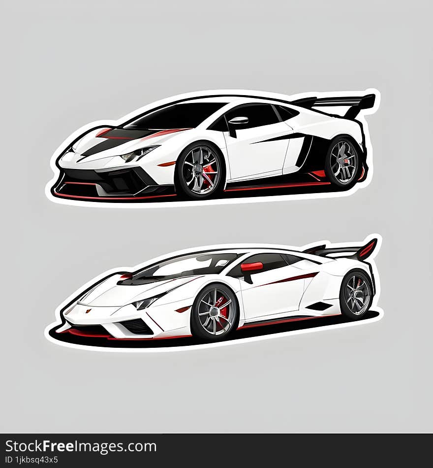 A set of two high-quality stickers featuring luxury sports cars in dynamic poses. The cars are illustrated in white with black and