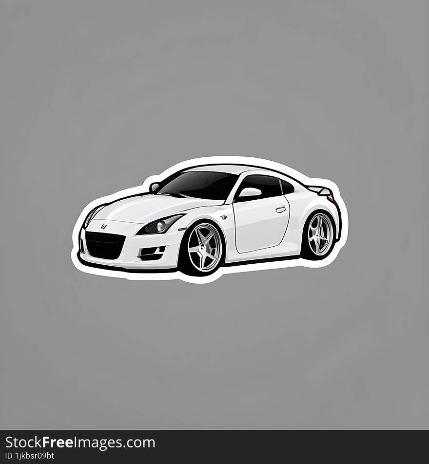 A stylish sticker featuring a sleek white sports car with a black roof, accentuated lines, and detailed rims. The car is outlined