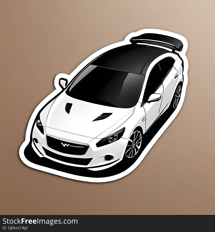 A stylish sticker featuring a sleek white car with black detailing, capturing the essence of speed and elegance.