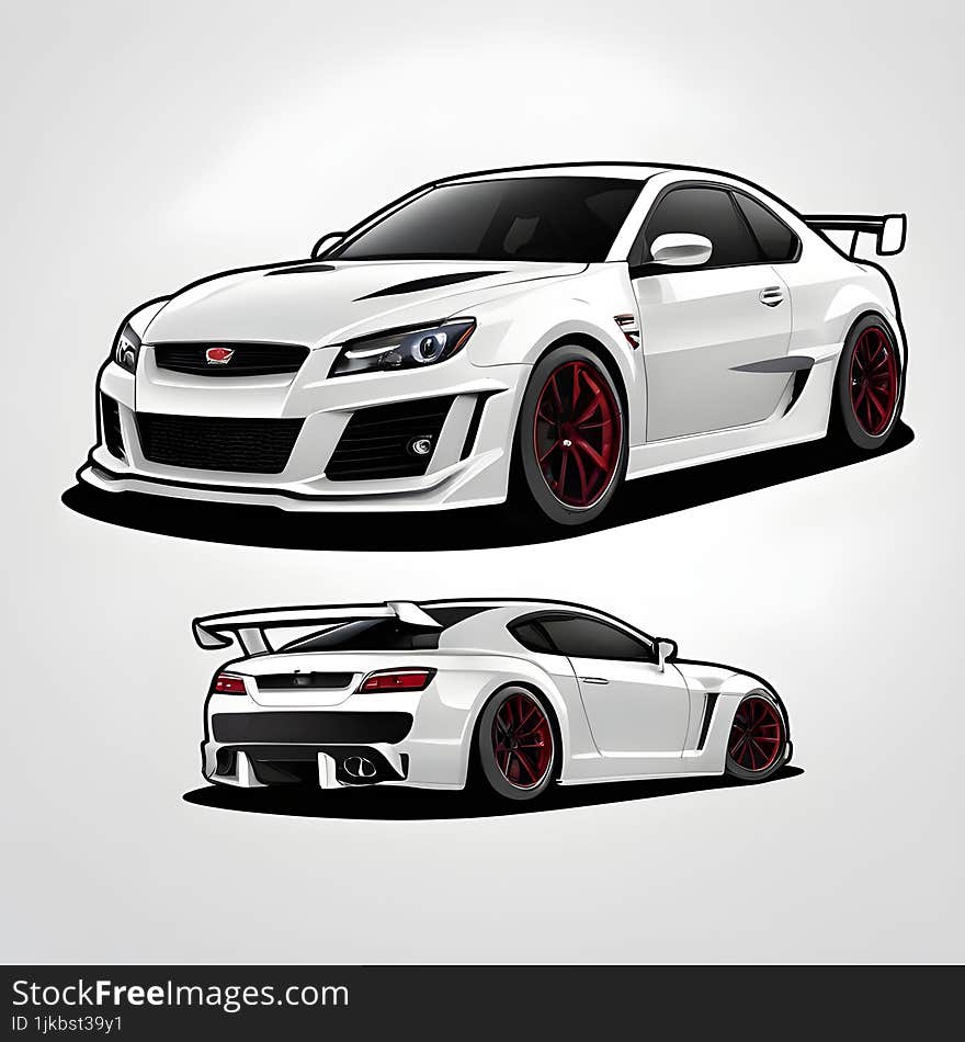 The sticker features two illustrations of a modern sports car. The top illustration shows the car from a front angle view, highlighting its aggressive and sleek design. The bottom illustration provides a rear angle view, showcasing the car�s wide wheel arches and dual exhaust pipes.