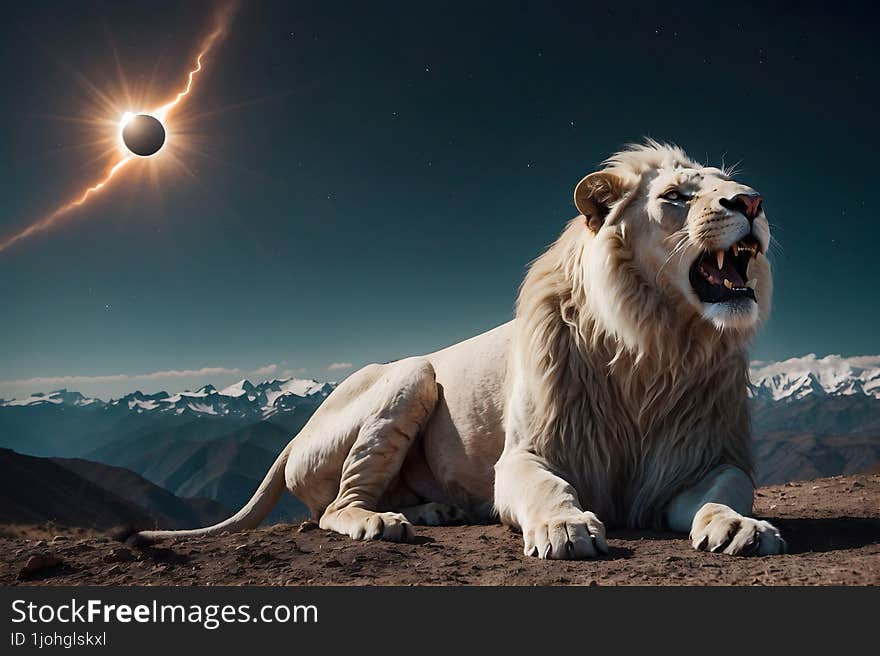 Solar Eclipse And Lion On Mountain