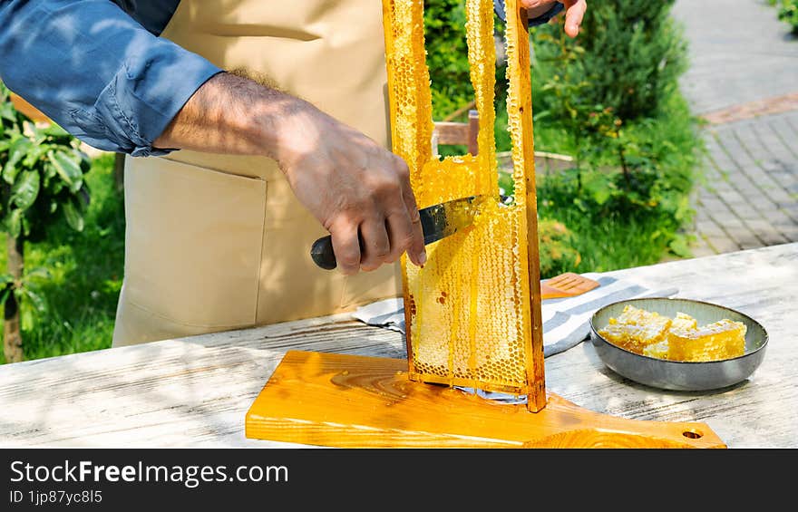 A beekeeper in an apron holds a frame of honey in his hands in the summer garden. A man cuts honeycombs outdoors. Honey from the apiary with delivery. Natural honey and bee products