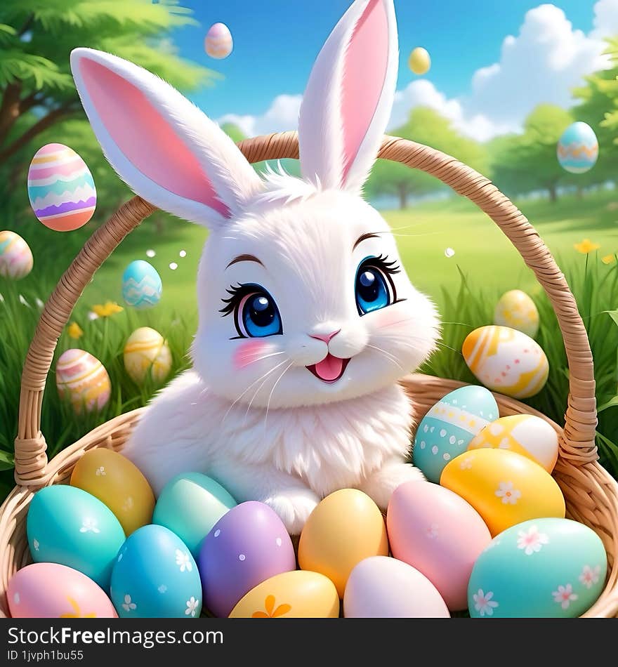 cute Easter bunny in a basket full of decorated eggs