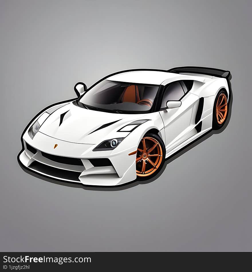 A digital sticker showcasing a modern, white luxury sports car with distinctive orange rims, exuding speed and elegance.