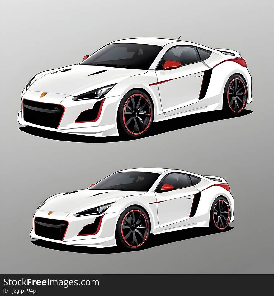 This sticker features two angles of a modern, sleek sports car with a white body, accented by bold red and black details, exuding speed and elegance.