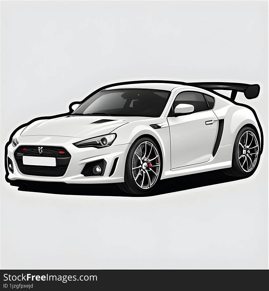 A high-quality sticker showcasing a modern, white sports car with intricate detailing, emphasizing the vehicle�s sleek design and