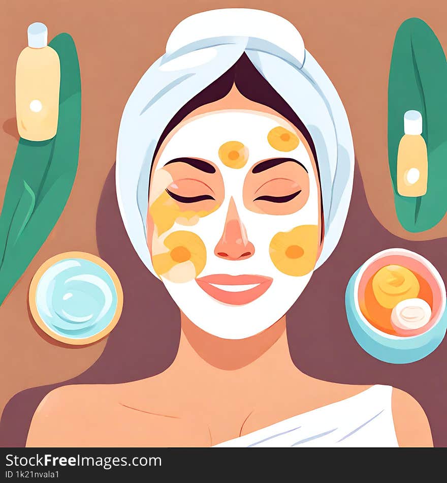 Illustration design Spa woman applying facial mask. Closeup portrait of beautiful girl with a towel on her head applying facial cl