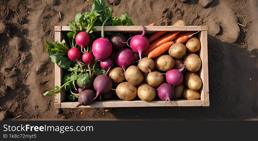 Fresh vegetables, potato, radish, tomato, carrot, beetroot in wooden ground on farm at sunset. Freshly bunch harvest. Healthy organic food, agriculture, top view 8k photography. Fresh vegetables, potato, radish, tomato, carrot, beetroot in wooden ground on farm at sunset. Freshly bunch harvest. Healthy organic food, agriculture, top view 8k photography