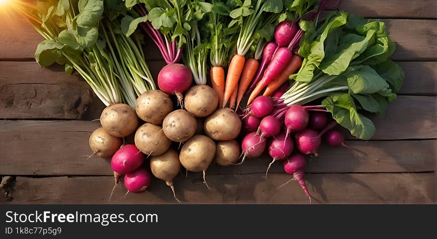 Fresh vegetables, potato, radish, tomato, carrot, beetroot in wooden ground on farm at sunset. Freshly bunch harvest. Healthy organic food, agriculture, top view 8k photography. Fresh vegetables, potato, radish, tomato, carrot, beetroot in wooden ground on farm at sunset. Freshly bunch harvest. Healthy organic food, agriculture, top view 8k photography