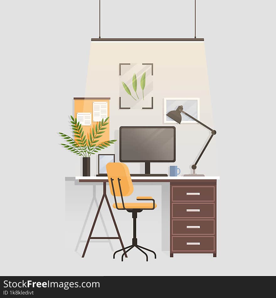 Workspace. Online or home job workplace. Work place room, modern interior, cabinet. Work at home. Office with computer and various decorative items books and plants. Desktop computer monitor