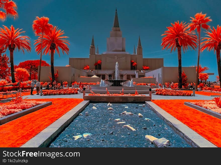 Infrared False Color Orange and blue. The California Oakland Temple of the Church of Jesus Christ of Latter Day Saints