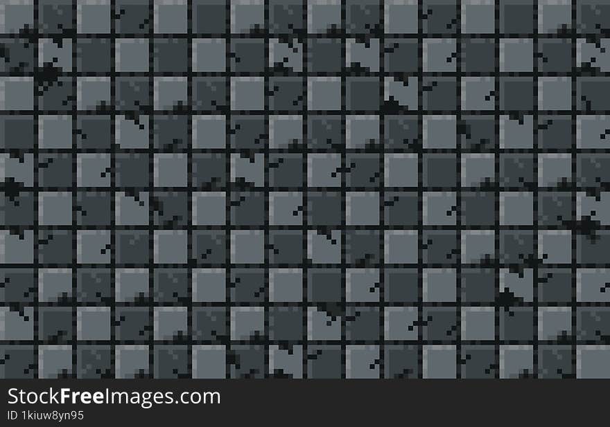 Pixel art Tileset. 2D Dungeon Steel Wall Texture with shadowing - Assets for Game - steel concrete seamless with dark background.