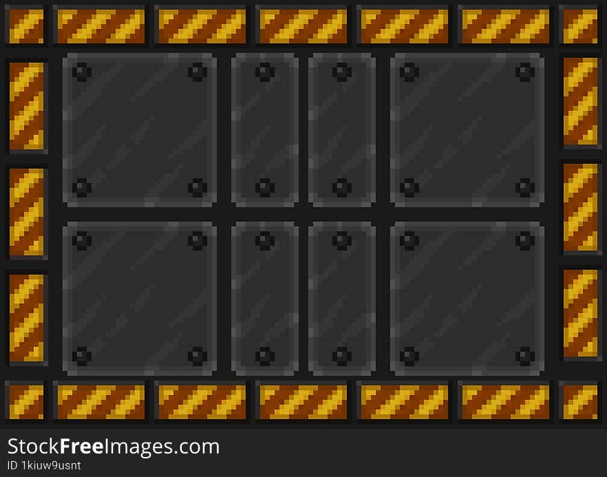 Pixel art Tileset. 2D Dungeon Steel Wall Texture with danger line - Assets for Game - steel concrete seamless with dark background