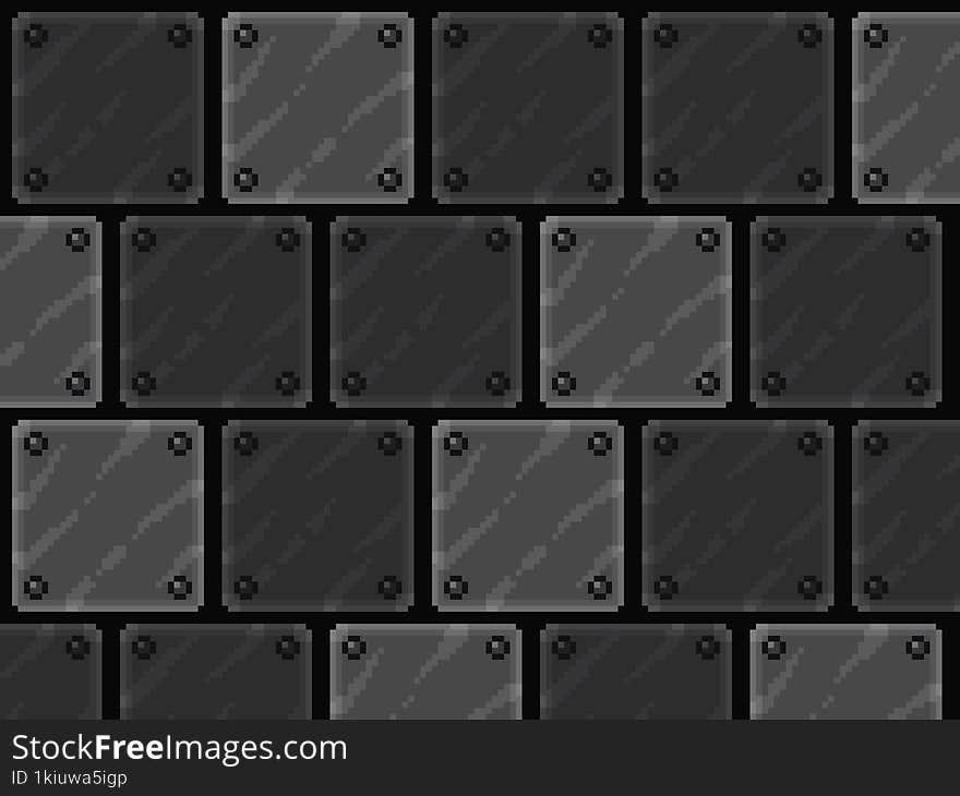 Pixel art Tileset. 2D Dungeon Steel Wall Texture with shadowing - Assets for Game - steel concrete seamless with dark background.