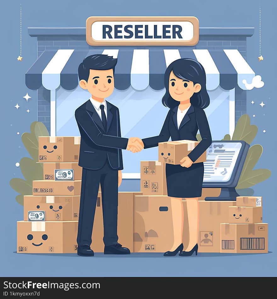 A man and a woman shaking hands in front of a building that says reseller. The man is wearing a suit and tie, and the woman is wearing a business suit. Generative AI