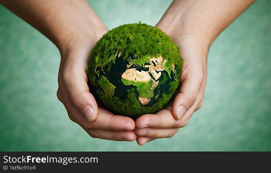 Cupped hands cradle a vibrant green globe, symbolizing the nurturing embrace of a healthy Earth.