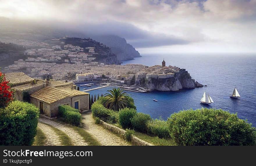 Mediterranean landscape in cloudy weather