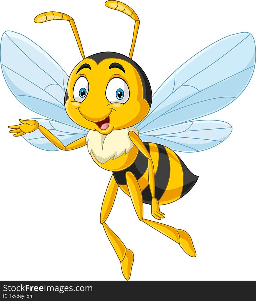 Cartoon illustration of happy bee presenting