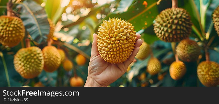 A hand holds up a cut open durian, revealing its yellow flesh, with a jackfruit in the background. Green dragon fruits hang from the durian tree, creating a depth of field effect. This photo, taken. A hand holds up a cut open durian, revealing its yellow flesh, with a jackfruit in the background. Green dragon fruits hang from the durian tree, creating a depth of field effect. This photo, taken