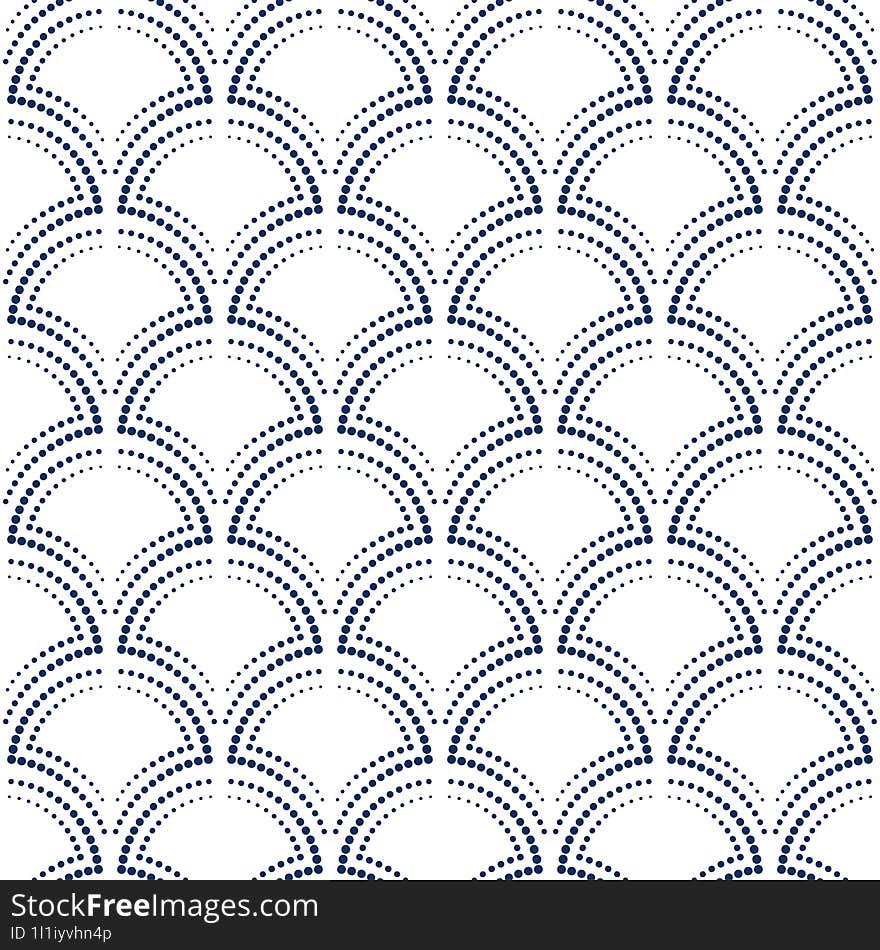 Art nouveau seamless pattern with many circles. Calm dark blue and vintage white colors design. Geometric many rings ornament. Arc