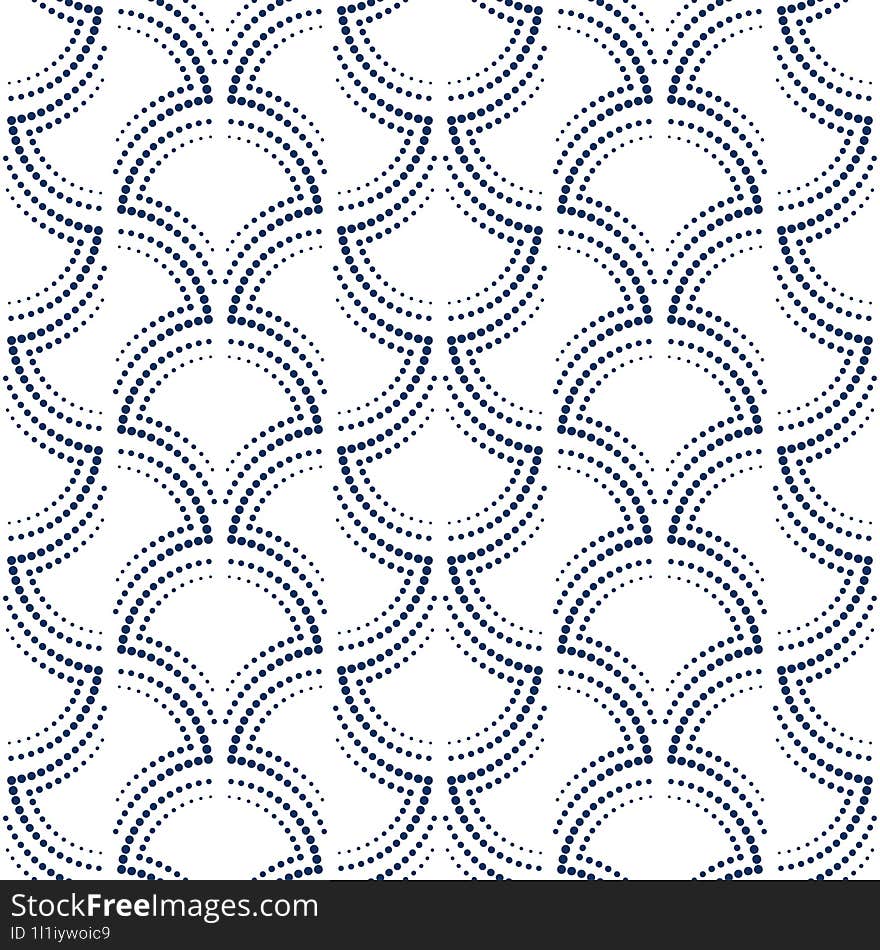 Art nouveau seamless pattern with many circles. Calm dark blue and vintage white colors design. Geometric many rings ornament. Arch shaped pattern. For printing wallpaper, giftpapers, textile