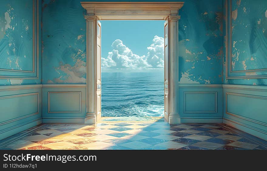A door at the end of a hallway stands ajar revealing a breathtaking view of the vast ocean and its tranquil horizon. A door at the end of a hallway stands ajar revealing a breathtaking view of the vast ocean and its tranquil horizon
