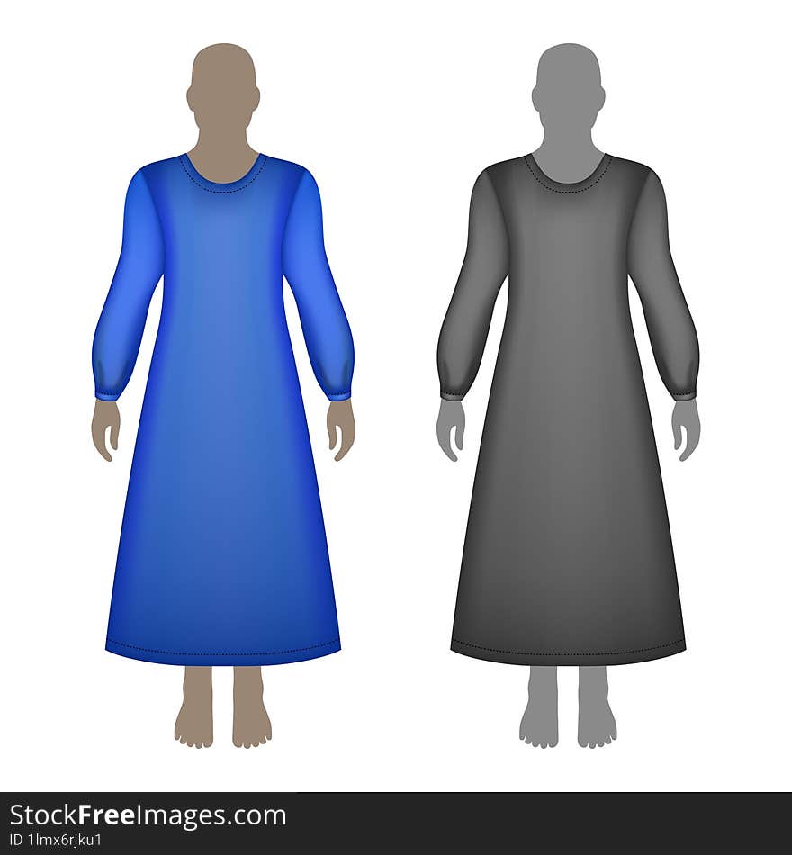 Fashion woman body full length front view template figure silhouette in dress or nightgown, colored  illustration isolated o