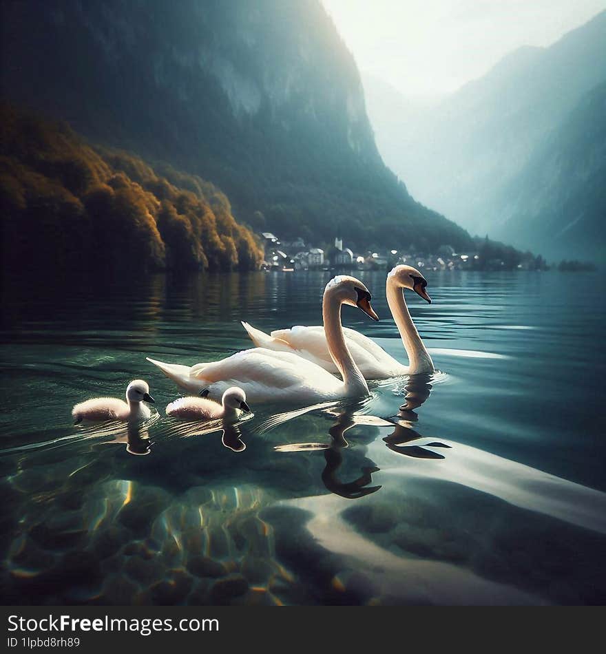 two swans on the laTwo swans on a lake with little swans, mountain backgroundke
