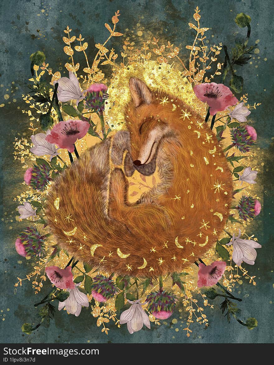 Fluffy Fox Sleeps In Flowers. Magic Illustration With Fox