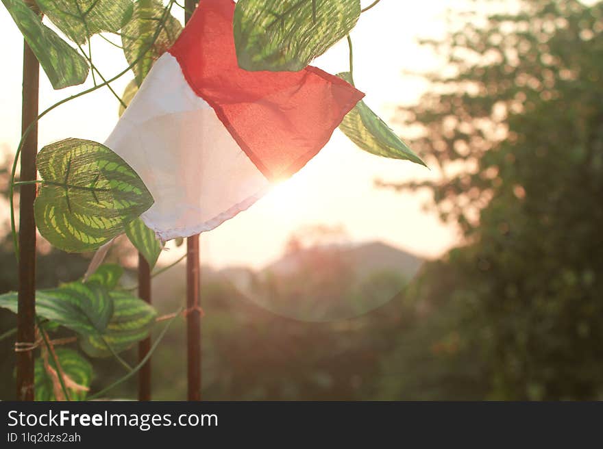 An Indonesian flag attached to metal spokes with a morning scene in the background.