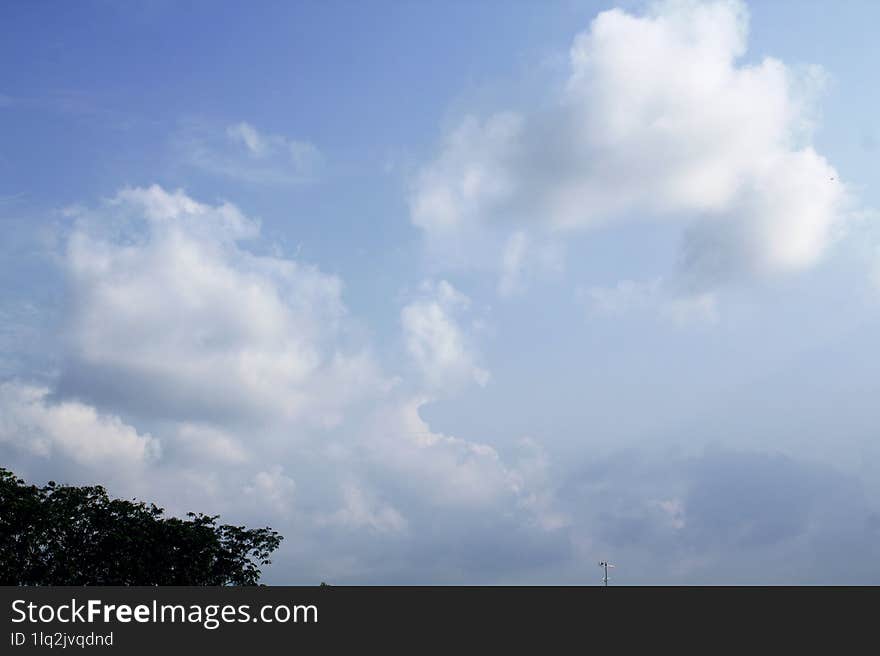 A summer daytime scene with cumulus clouds.