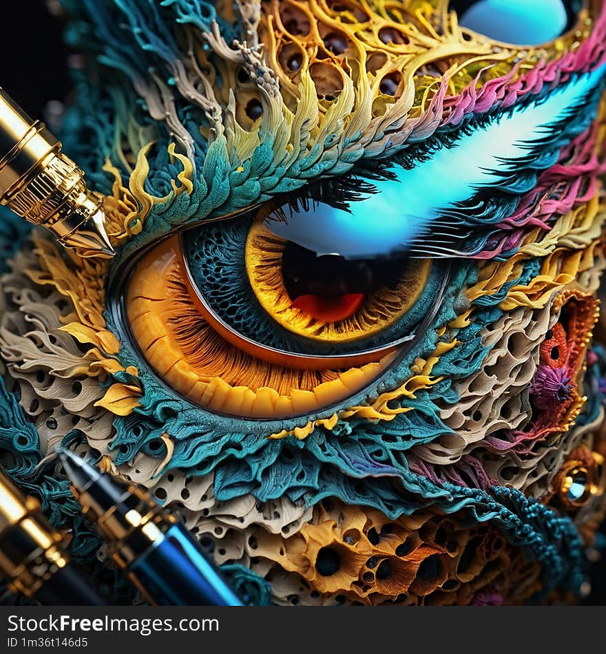 Close-up of a vibrant, artistic eye with colorful feather makeup, showcasing creativity and beauty in intricate detail.