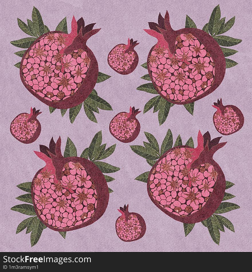 Pomegranate Fruits With Leaves On A Watercolor Lilac Background. The Image Can Be Used On The Cover Of A Sketchbook And Notepad, A