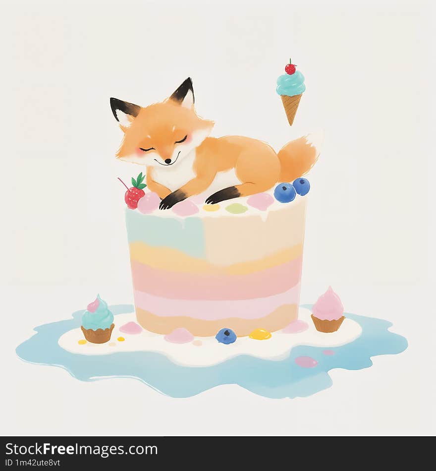 Illustration of a fox addicted to the sweetness of cake and ice cream