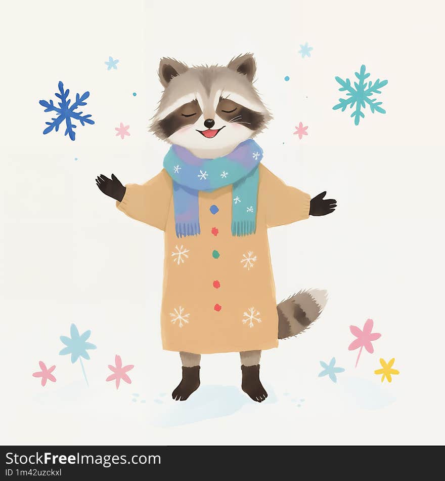 A Raccoon In Winter Is Happy To Have Warm Clothes.