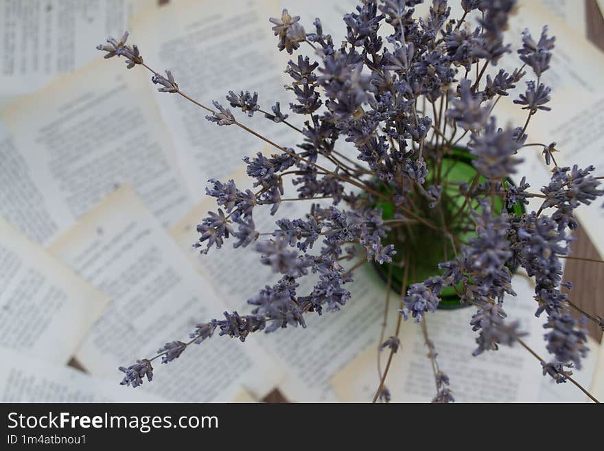 Lavender flowers, lavender on a newspaper background, lavender bouquet on a paper background.