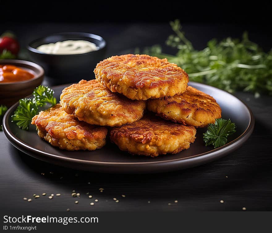 Chicken Patties Chicken patties or fish cakes fried in breadcrumbs with ketchup and lemon slices. isolated on white background. Ai